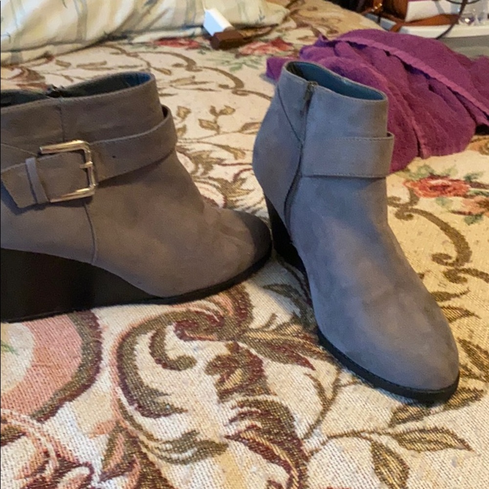 Gray heel wedges with the price still on them